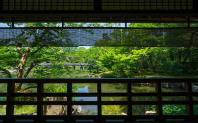 京都御苑の拾翠亭（しょうすいてい）と九條池　新緑