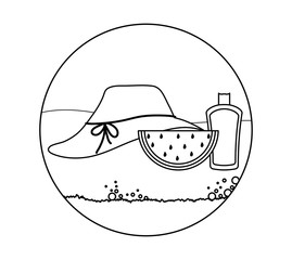 hat female with watermelon and bottle of blocker in beach