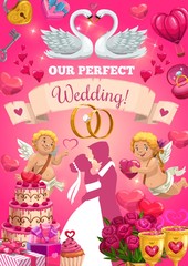 Wedding card with bride and groom, love symbols