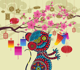 Oriental Happy Chinese New Year Rat 2020 blossom. Chinese baclground