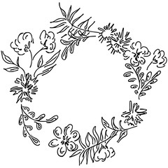 Vector hand drawn sketch with tropical leaves and flowers isolated on white background. Exotic botanical floral frame for wedding invitation cards, cosmetics, spa, perfume, beauty salon. Line art