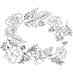 Vector hand drawn sketch with tropical leaves and flowers isolated on white background. Exotic botanical floral frame for wedding invitation cards, cosmetics, spa, perfume, beauty salon. Line art