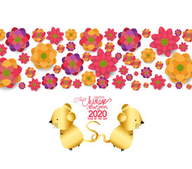 2020 chinese new year greeting card, paper cut with yellow rat and blooming background