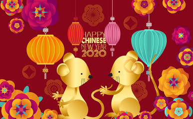 Naklejka premium Happy Chinese New Year 2020, paper art flowers and rat design in red and gold, happy rat year