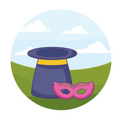 wizard top hat with mask carnival in frame circular