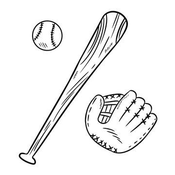 Baseball, baseball bat and catchig glove doodles. Hand drawn sketch image set