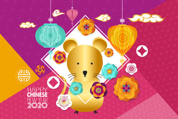 2020 Chinese New Year Greeting Card with White Frame, Peony, Yellow rat and Asian Lanterns on Modern Geometric Background