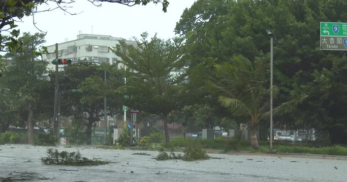 Strong Hurricane Wind Blows Debris Through City Streets - Megi