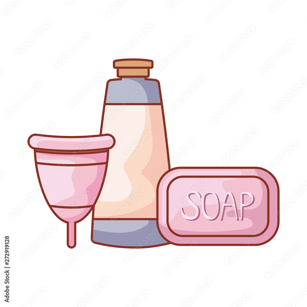 Sticker menstrual cup with soap and tube bottle