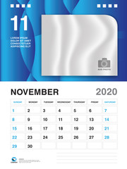 NOVEMBER 2020 Year Template, Calendar 2020 Vector, Desk Calendar Design, Week Start On Sunday, Planner, Stationery, Printing, vertical artwork