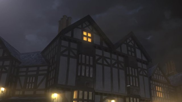 A silhouette walks behind the window in a medieval building