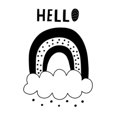 Rainbow  with phrase Hello, cute black and white card in nordic style. Hand drawn vector illustration.
