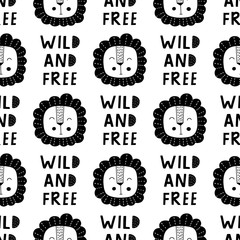 Kids seamless pattern  black and white in nordic style. Hand drawn vector illustration.