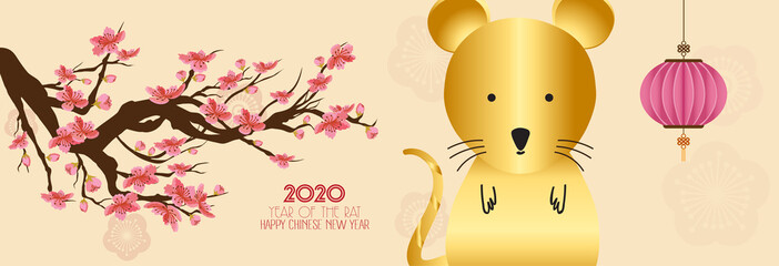 Set Banner Happy new year 2020 greeting card and chinese new year of the rat, Cherry blossom background