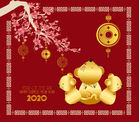 Fototapeta na wymiar Happy Chinese new year rat 2020 card. Cherry blossom and gold coin