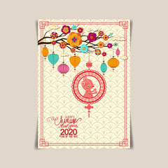 2020 Chinese New Year Greeting poster, flyer or invitation design with Paper cut Sakura Flowers and rat