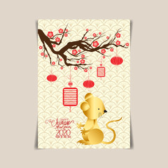 2020 Chinese New Year Greeting poster, flyer or invitation design with cherry blossom flowers and rat