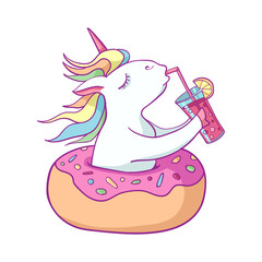 Cute unicorn on donut swimming ring. Summer time. Magic unicorn drinking a cocktail . Cartoon flat style illustration. Template for printing, sticker, texture, wallpaper, postcard