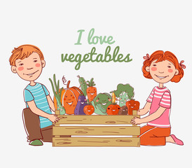 Smiling boy and girl with a wooden crate full of fresh vegetables