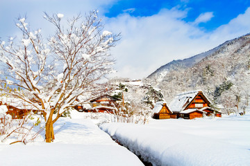 shirakawago in the snow falling day : village located in Ono District, Gifu Prefecture, Japan.
