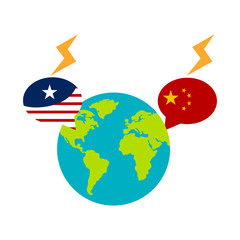 Earth globe with flags of United States and China bubble chat shaped. Trade war concept - Vector