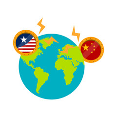 Earth globe with flags of United States and China in a golden coins. Trade war concept - Vector