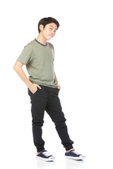 little asian  boy with black hair in funny acting trying to amusing .