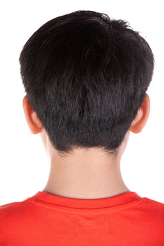 Close Up Head Of Asian Boy Black Hair Backside.