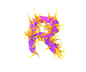 Fototapeta na wymiar letter R isolated on white made of purple alien flesh and yellow tentacles - monstrous font for cosmic invaders concept, 3D illustration of symbols