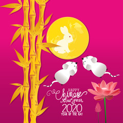 Happy Chinese New Year 2020 year of the rat. Chinese card design with bamboo background. Chinese characters mean Happy New Year