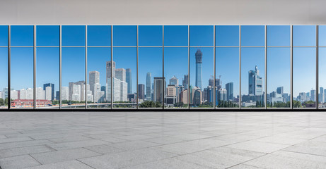 Panoramic skyline and buildings from glass window