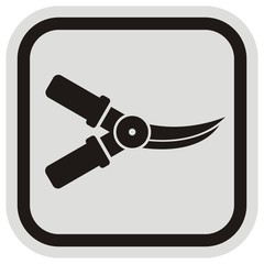 Pruning shears, gray and black frame, vector icon. Black silhouette of garden scissors. Scissors for cutting branches.Icon for garden care.