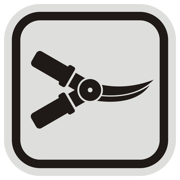 recommend clip art: Pruning shears, gray and black frame, vector icon. Black silhouette of garden scissors. Scissors for cutting branches.Icon for garden care.