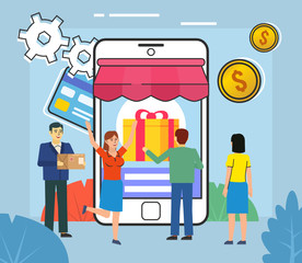 Online shopping, credit card, coins. People stand near big smartphone. Poster for web page, banner, social media, presentation. Flat design vector illustration
