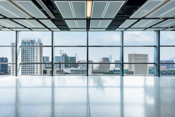 Panoramic skyline and buildings from glass window