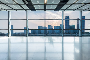 Panoramic skyline and buildings from glass window