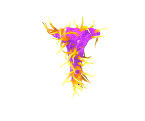 space tentacles alphabet - letter T isolated on white made of purple alien flesh and yellow tentacles - space invaders concept, 3D illustration of symbols