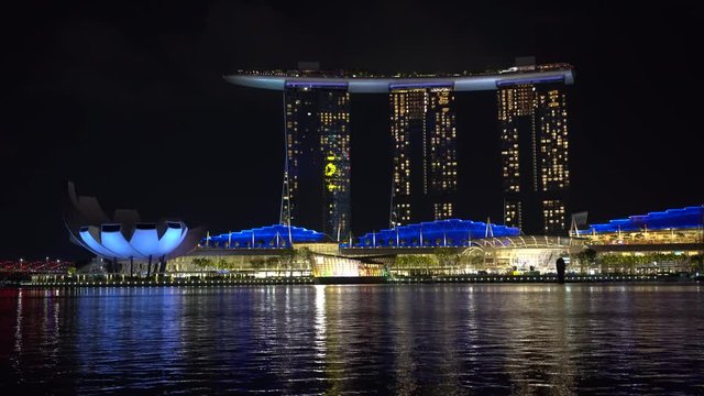 Marina Bay Sands is an integrated resort fronting Marina Bay at night view, establishing shot