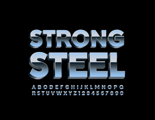Fototapeta premium Vector Strong Steel Uppercase Alphabet Letters and Numbers. 3D Chrome Font
