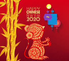 Happy Chinese New Year 2020 year of the rat paper cut style. Chinese characters mean Happy New Year, wealthy, Zodiac sign for greetings card, flyers, invitation, posters, brochure, banners, calendar