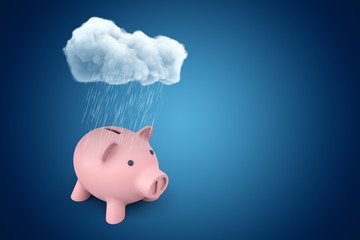 3d rendering of white rainy cloud above pink piggy bank on blue background