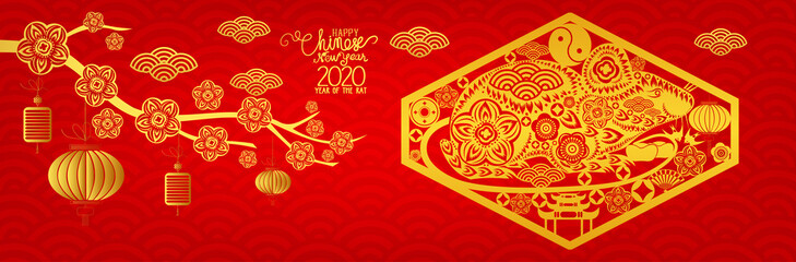 Gold on Red Rat horizontal banner for Chinese New Year. Hieroglyph translation Happy New Year