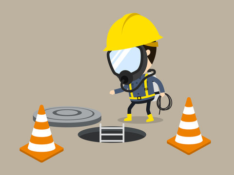 Wear the enclosed space safety equipment, Vector illustration, Safety and accident, Industrial safety cartoon