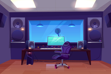 Record producer or audio engineer workplace, recording studio control room interior cartoon vector with armchair near mixing console, loudspeakers, live room with microphone under glass illustration