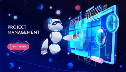 Project management landing page, computer technology in business, panda robot research at monitor with data analysis on screen, neon glowing futuristic background. Cartoon vector illustration, banner - obrazy, fototapety, plakaty