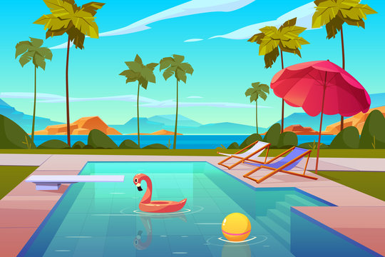 Swimming pool in hotel or resort outdoors, empty poolside with chaise lounges, umbrella, inflatable flamingo and ball in water, exotic beach landscape seaview background. Cartoon vector illustration