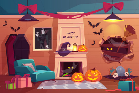 Halloween interior, empty scary vampire room with pumpkins, fireplace, furniture, coffin, spiderweb, flying bats and witch accessories. Place for happy party celebration. Cartoon vector illustration