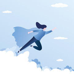 Fototapeta na wymiar Businesswoman looking like Super hero flying to success in sky,background with clouds