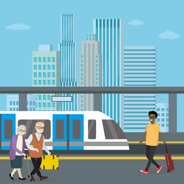 Subway or skytrain station,city metro,city view with skyscrapers on background,people with luggage on platform