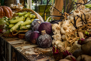 Fresh vegetables on the table. Autumn harvest and the concept of healthy natural products.